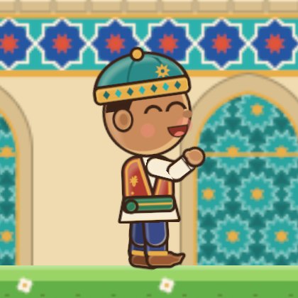 Hamza, a smiling boy in a patterned cap and embroidered red vest, waving in front of a tiled garden wall