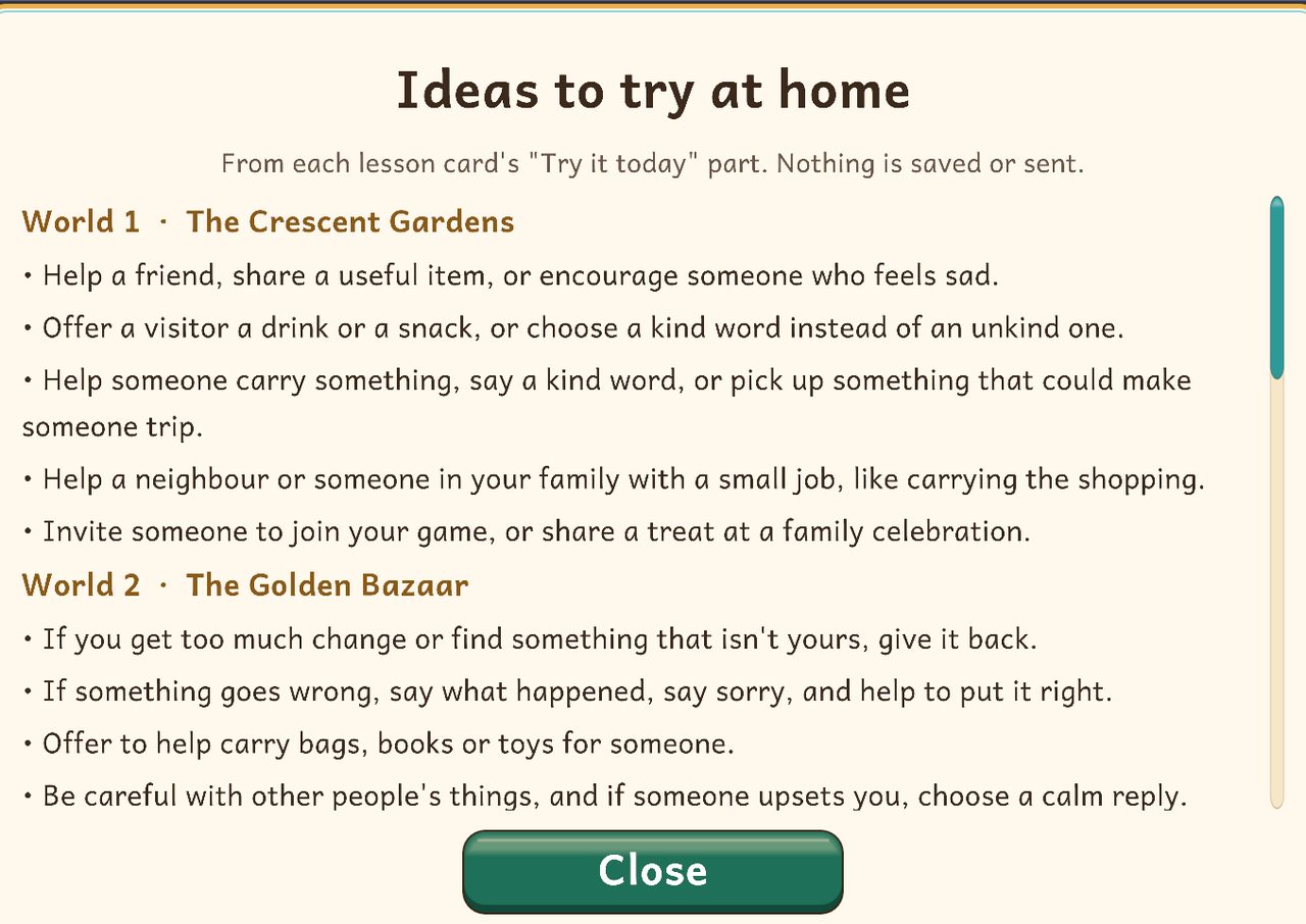 The Parent Corner's Ideas to try at home: activities from each lesson card, grouped by world