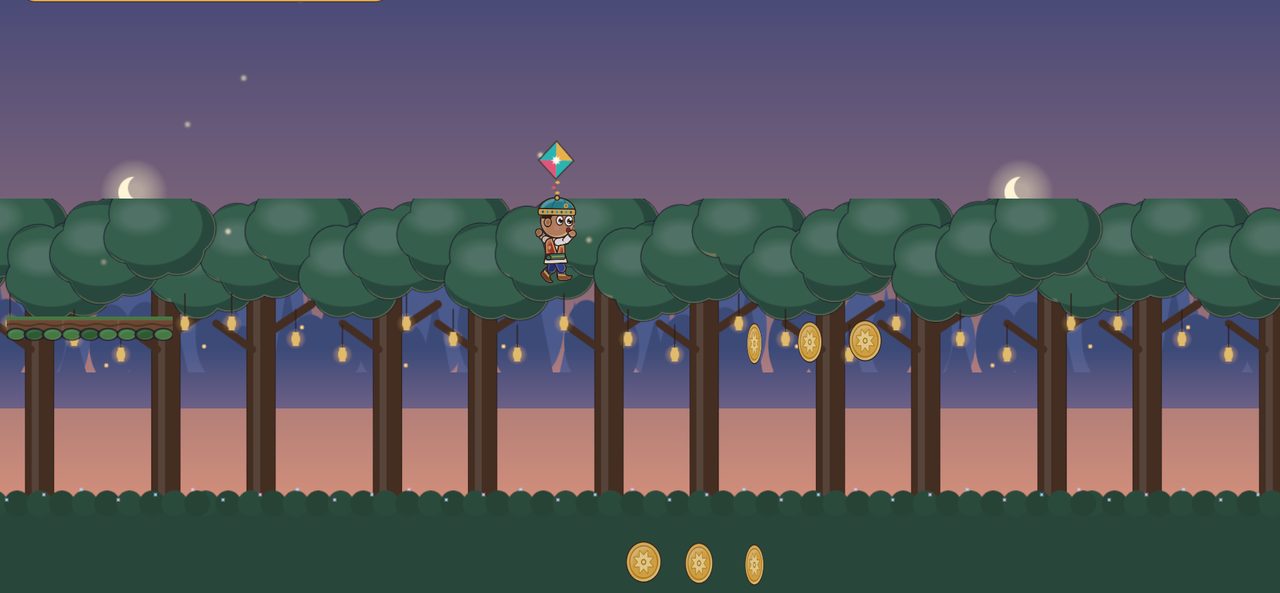 Hamza floating down under a small paper kite above the trees of the Lantern Forest