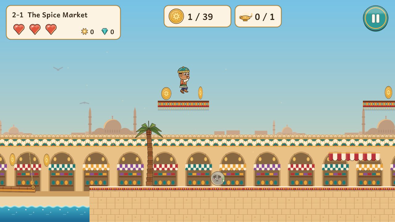 Hamza double-jumping above the market stalls in the Golden Bazaar, with his hearts and Noor Token count at the top of the screen