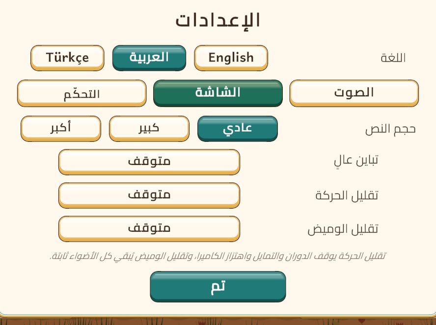 شاشة «الإعدادات» بالعربية: اللغة، وحجم النص، والتباين العالي، وتقليل الحركة، وتقليل الوميض