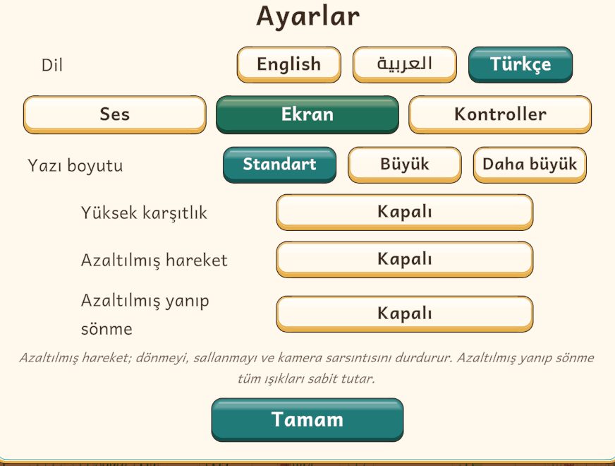Türkçe Ayarlar ekranı: dil, yazı boyutu, yüksek karşıtlık, azaltılmış hareket ve azaltılmış yanıp sönme