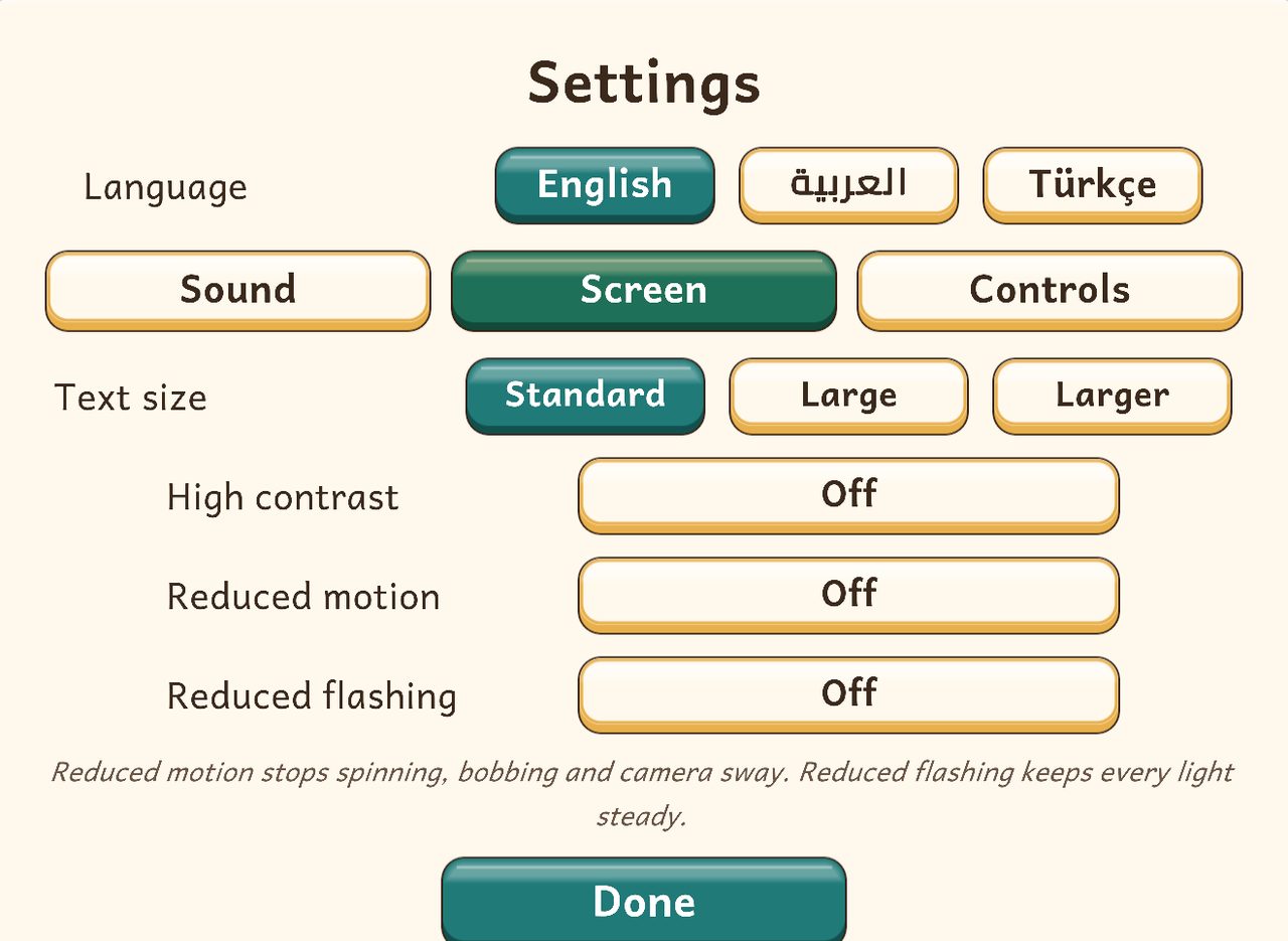 The Settings screen: language, text size, high contrast, reduced motion and reduced flashing