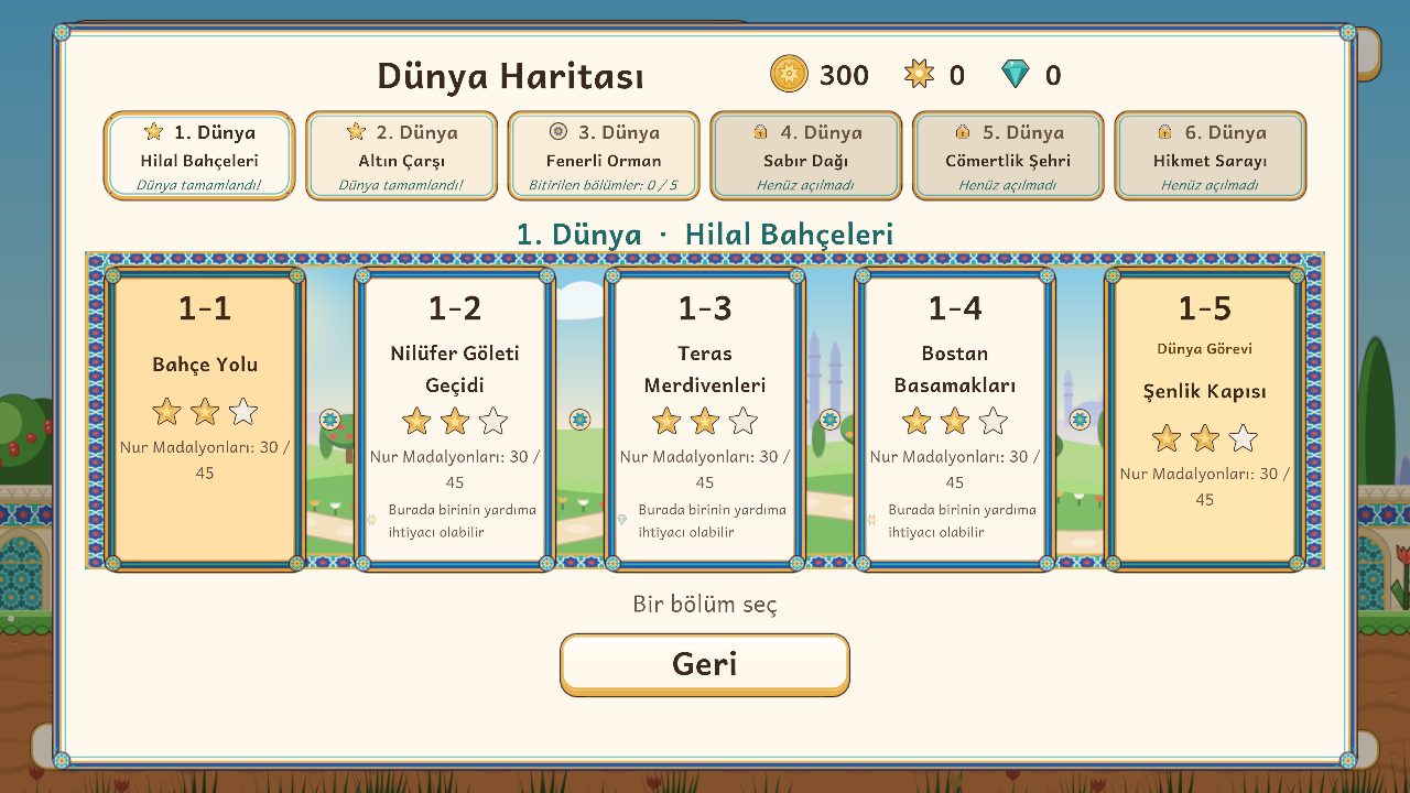 The world map in Turkish, showing the five levels of the Crescent Gardens