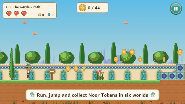 Run, jump and collect Noor Tokens in six worlds