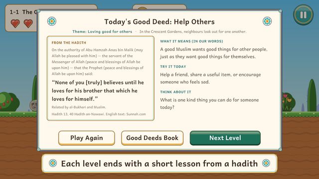 Each level ends with a short lesson from a hadith